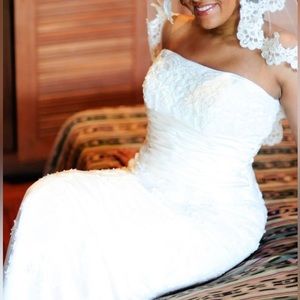 Alfred Sung Champagne Satin Lace Wedding Dress - Size 10